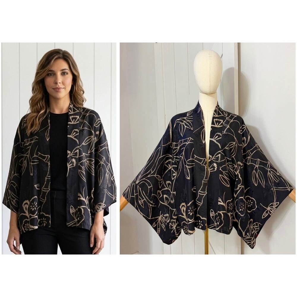 Vintage Chico’s Design Size S-M 100% Silk Black Red Floral Kimono Jacket